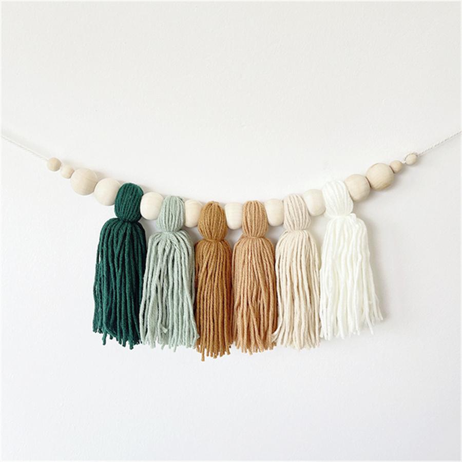 Boho Cotton Tassel Garland Wall Decoration with Wooden Beads Nursery Decor for Baby Room Tent Hanging Pendant Photo Props
