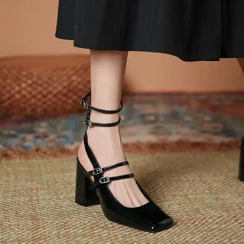 Fashion Luxury Designer Women's Sandals Sexy Ankle Strap Buckle Square Toe Chunky High Heels Black Summer Black Elegant Slingback Pumps