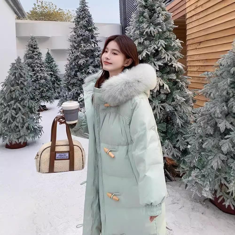 

Женская зимняя куртка средней длины до колена с 90% пуха белой утки - Корейская мода 2025, Теплое и утолщенное пальто XS for 80-115 lbs мятный зеленый