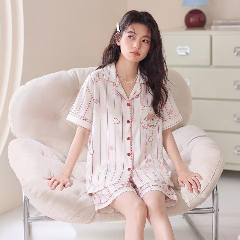 Women's short-sleeved pure cotton pajamas summer new cartoon cute loungewear can be worn outside women's striped shorts set