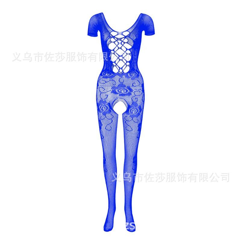 Sex clothes Mesh onesie Rose jacquard nylon open-file short-sleeved backless tights