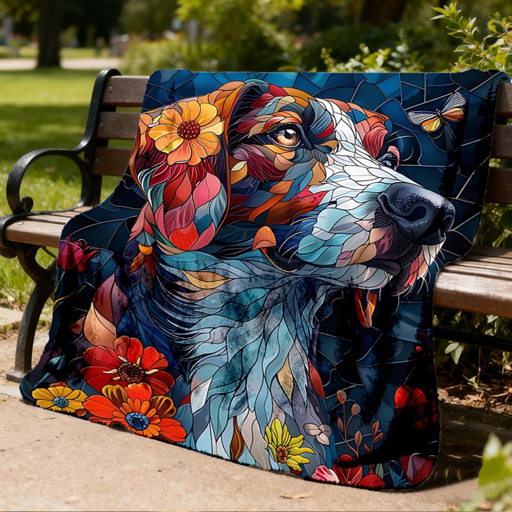 1pc Stained Glass Dog Outdoor Flannel Blanket, Cozy & Warm Soft Te Playful Design, Napping Camping,