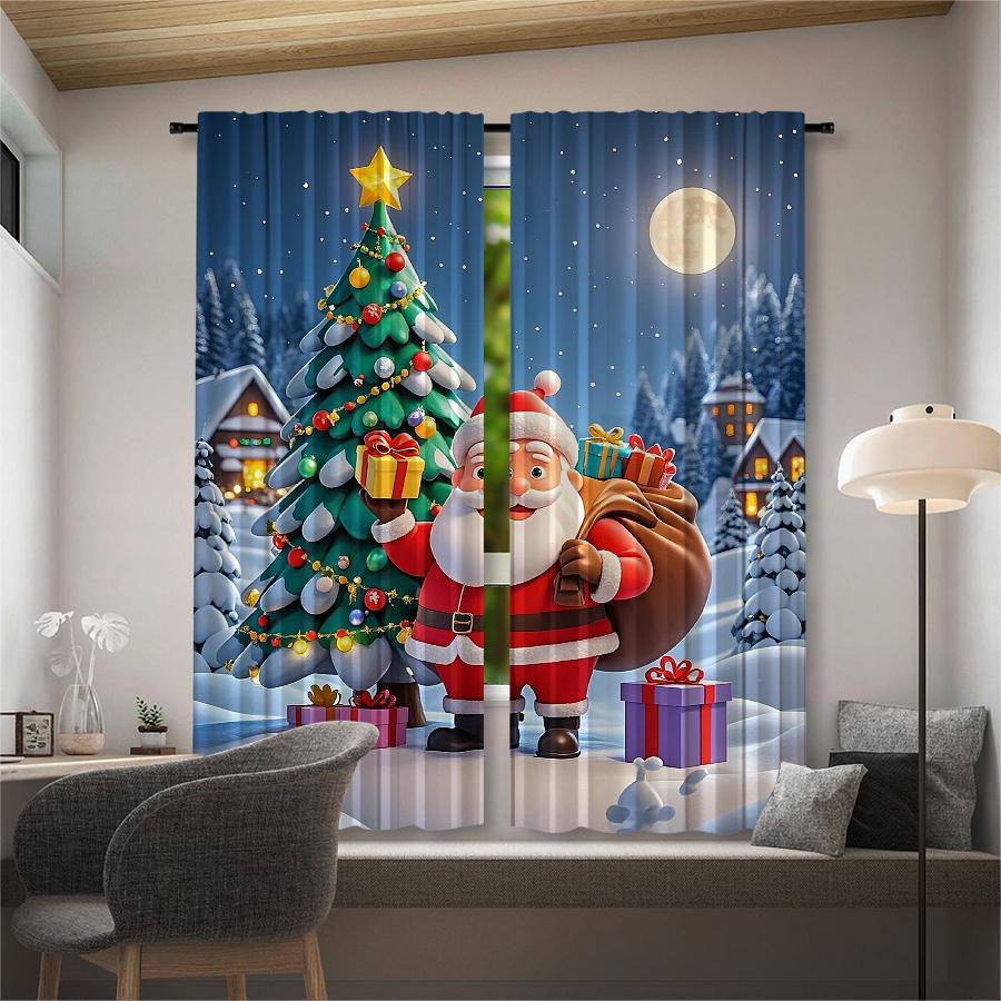 Set Of 2 Christmas Santa Claus Tree Pattern Printed Curtains Decorations Home Room Curtain Polyester Stylish