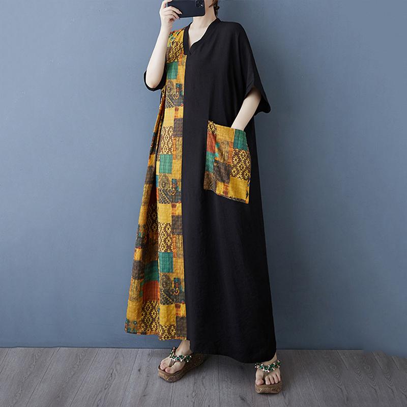 XITAO Pocket Patchwork Contrast Color Dress ZMY1083