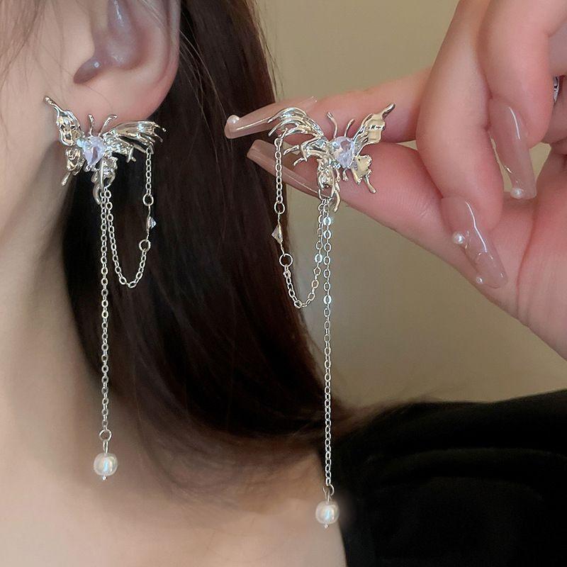 Silver Needle Zircon Butterfly Pearl Tassel Earrings - Cool, Trendy Design for Women