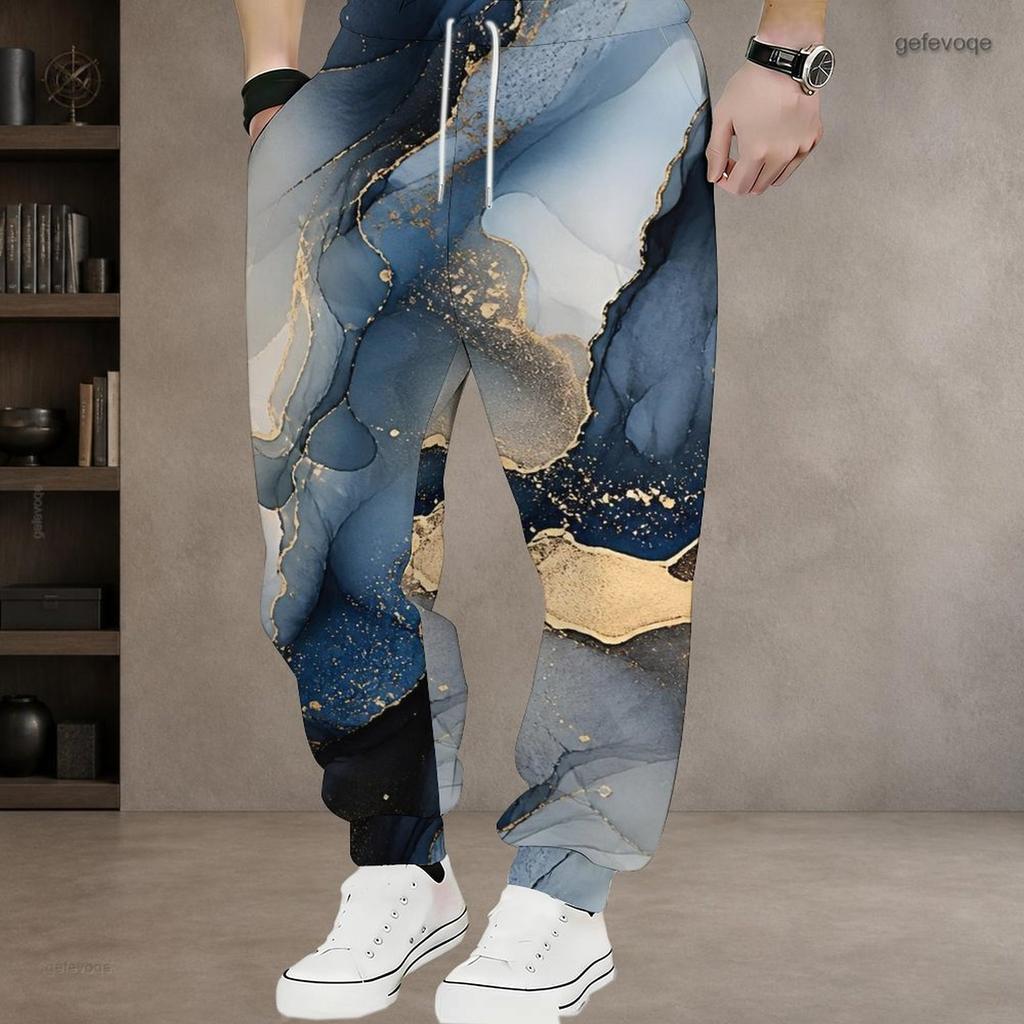 Men S Plus Size Blue Gold Printed Drawstring Waist Side Pockets Cuffed Ankle Jogger Pants