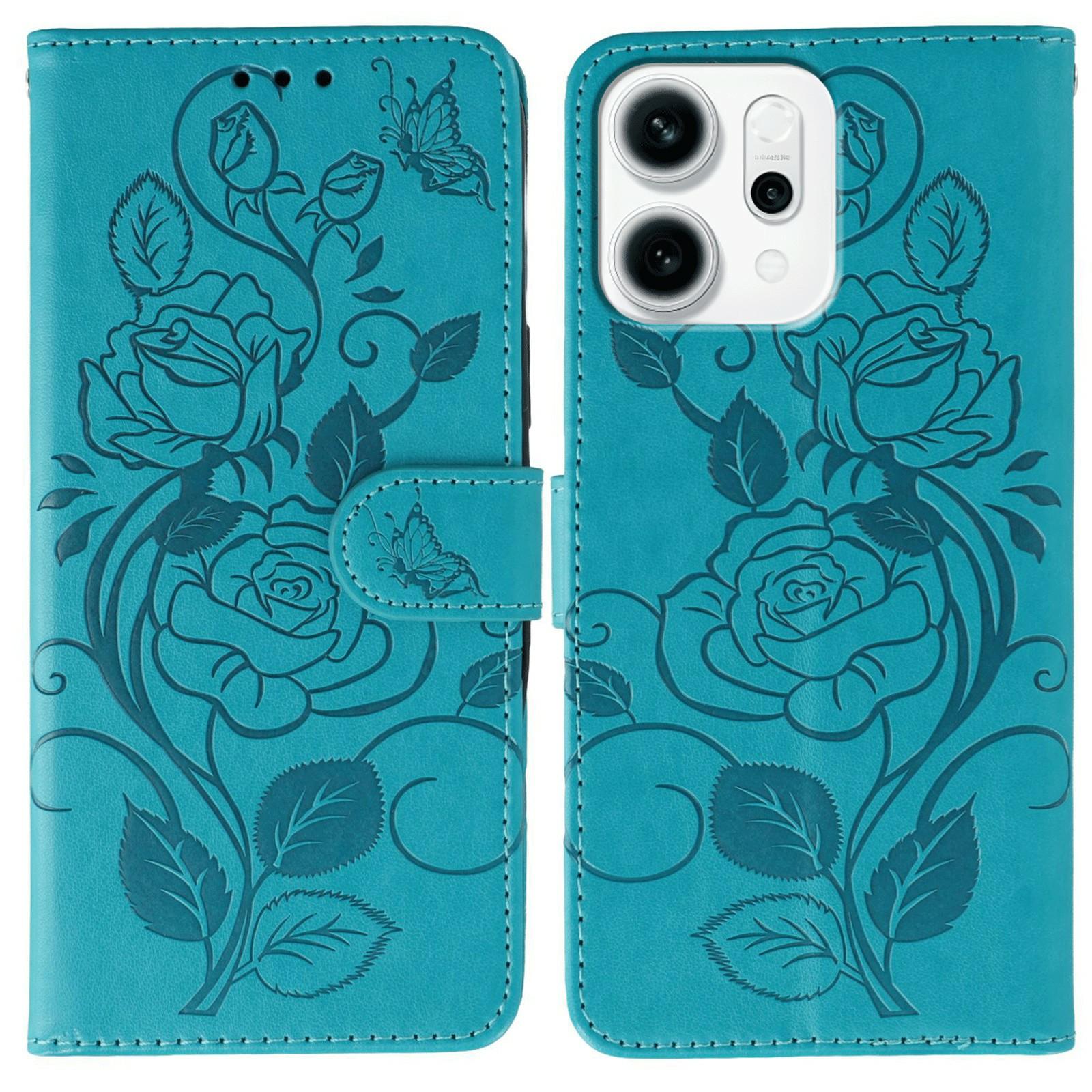 

For Oppo Reno14 F 5G Case Wallet Stand Imprinted Rose Butterfly PU Leather Phone Cover Blue