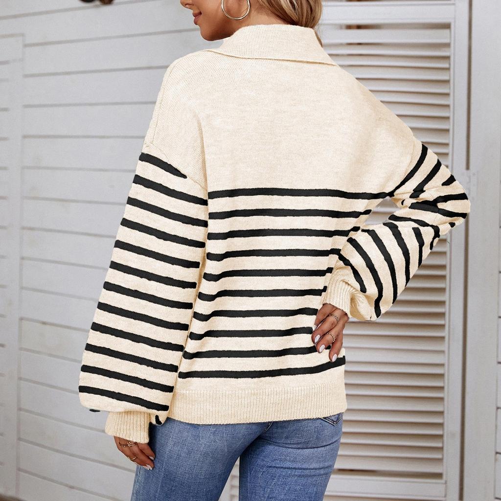 Women's Casual Fashion 2022 Long Sleeved Knitting Contrast Color Sweater Top