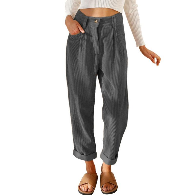 Women Camel Corduroy High Waist Pleated Straight Leg Pants