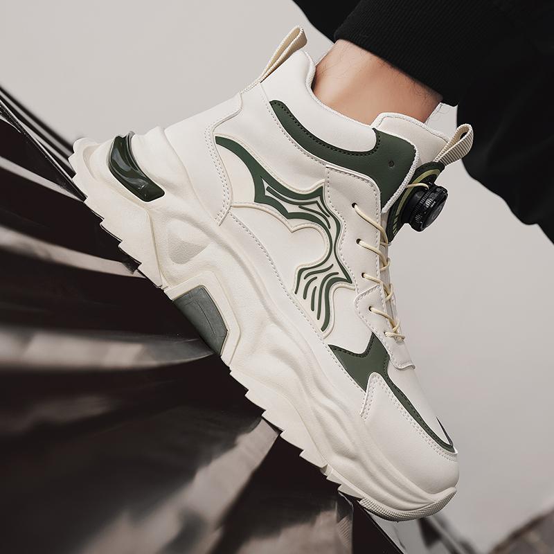 Leather High Top Sports Shoes Men's Autumn Winter New Style Student Color Block Trend Thick Bottom Heightening Dad Casual Shoes