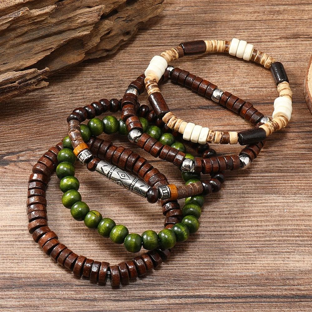5Pcs Wood Beaded Bracelet For Men Retro Wooden Elastic Bead Bangle Women  Party Jewelry Accessories