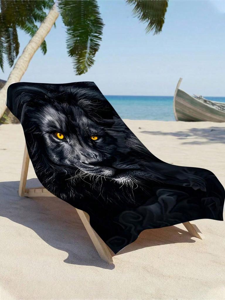Trendy Black Lion Print Beach Towel,Microfiber Lightweight Quick Dry,Oversized for Camping Bathroom,Modern 3D Animal Decor Towel