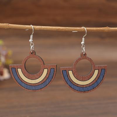 Boucles d'oreilles rondes vintage incrustées creuses couleur bleue bois cuir boucles d'oreilles pendantes géométriques créativité couleur argent pour femmes