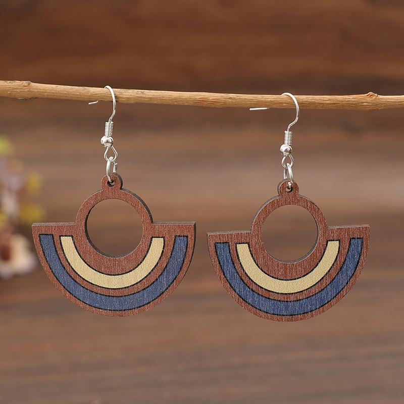Vintage Round Inlaid Hollow Blue Color Wooden Leather Earrings Geometric Creativity Silver Color Dangle Earrings for Women