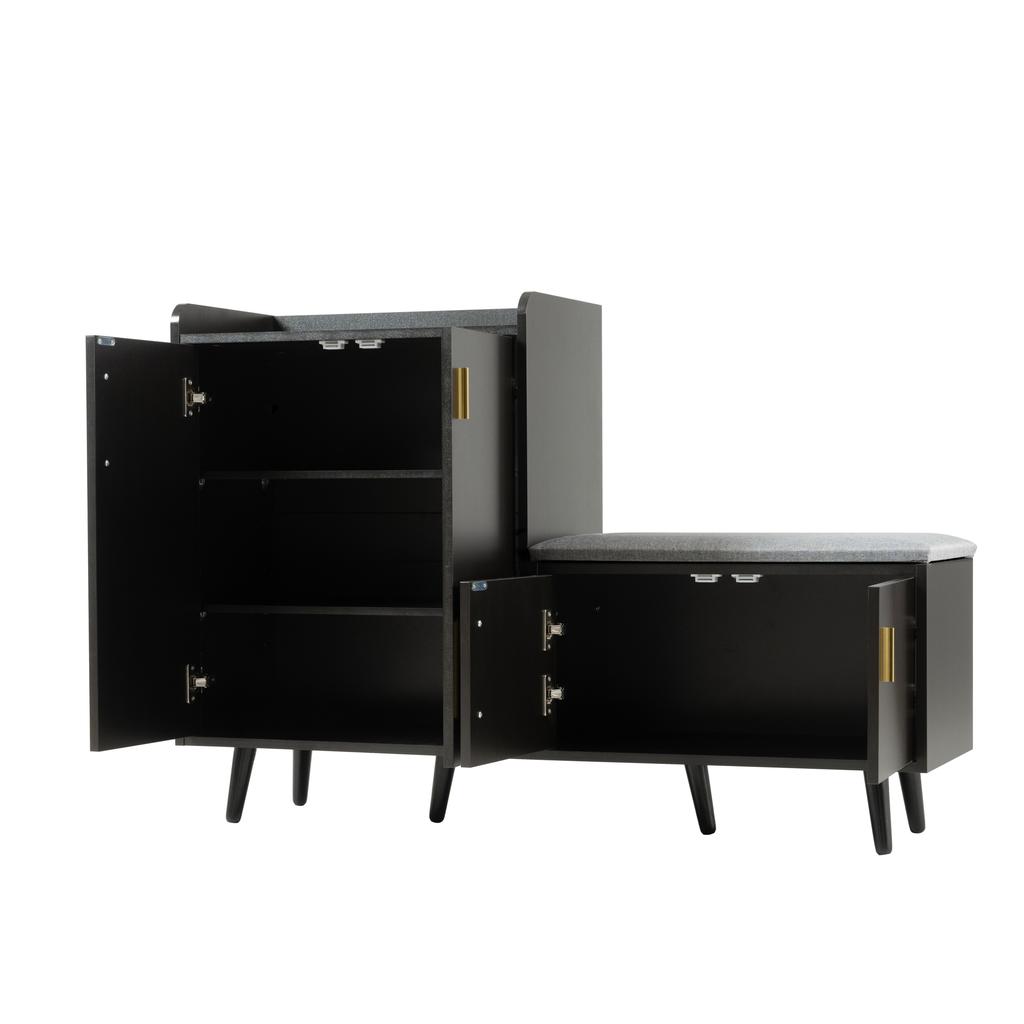 Modern Shoe Bench with Black Walnut Wood, Shoe Cabinet, Equipped with Four Storage Doors, Asymmetric Metal Handles, W120/D34/H82