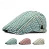 Vintage Striped Flat Cap for Men Women Japanese Simple Ivy Cabbie Hat Retro Cotton Linen Newsboy Gatsby Cap Adjustable Forward Hat