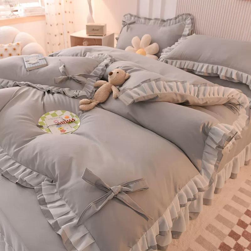 Girls Bedding Sets Kawaii Seersucker Bed Sheet Pillowcase Fashion Princess Duvet Cover Solid Color 4 Pieces Cute Home Decoration