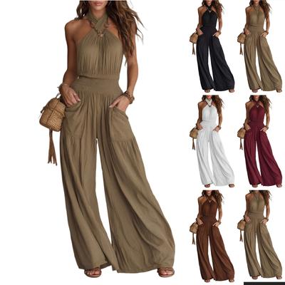 Women's Sleeveless Backless Jumpsuit Halter Neck Wide Leg Pocketed Romper Casual Loose Fit One Piece Pants