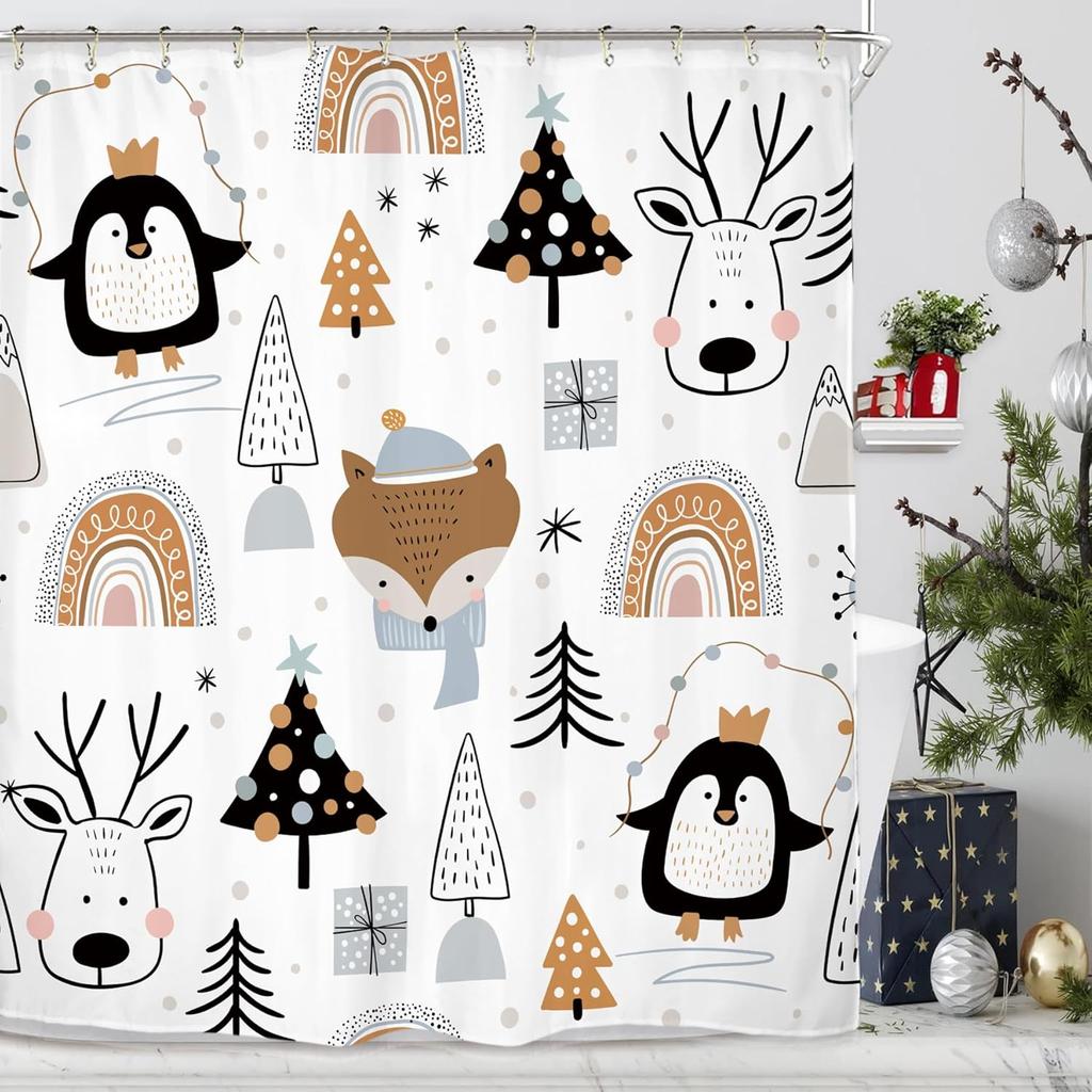 Christmas Kids Winter Shower Curtain Set Animal Rainbow Tree Fox Deer Penguin Lovely Nursery Polyester Waterproof Cloth Bathroom