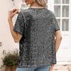 Women Tops Round Neck Short Sleeve Loose Fit Tee Shirt Sparkling Sequins Casual Shirt Versatile Summer Tops