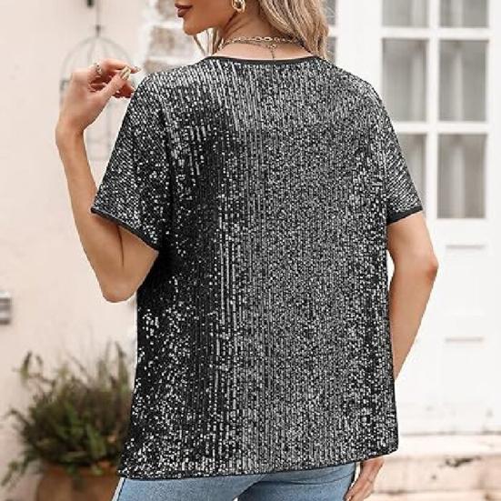 Women Tops Round Neck Short Sleeve Loose Fit Tee Shirt Sparkling Sequins Casual Shirt Versatile Summer Tops