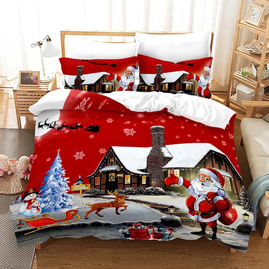 Red Christmas Duvet Cover Santa Claus Snowman Bedding Set Microfiber Cartoon Comforter Cover With Pillowcases