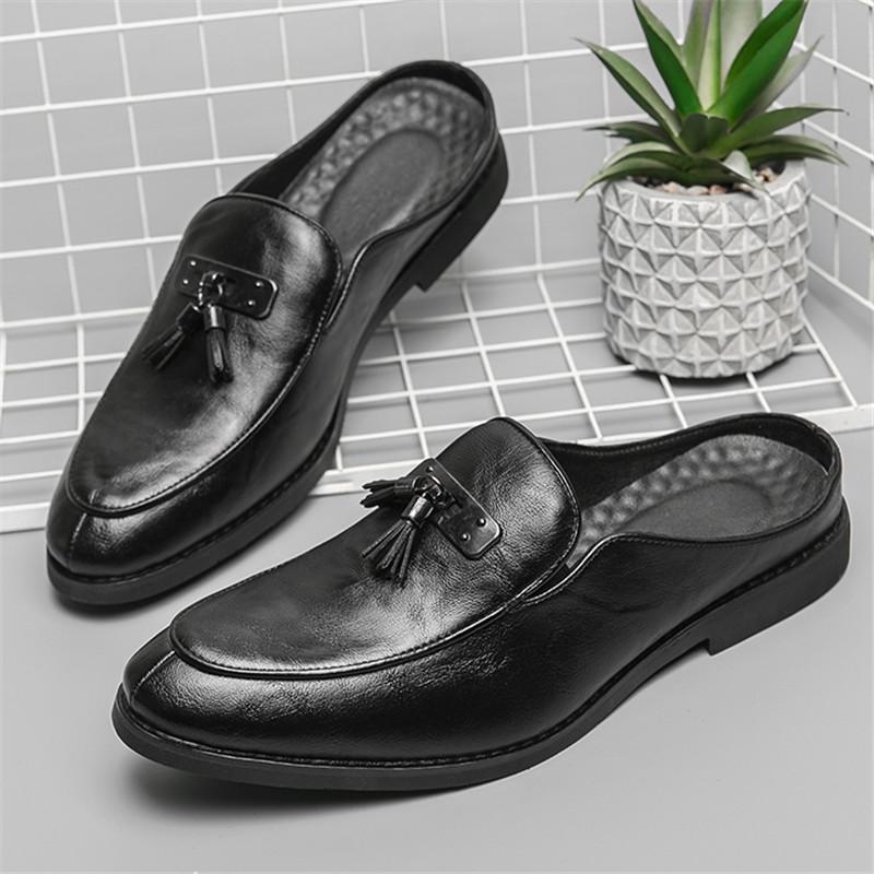 Luxury Designer New Men Black Tassels Half Slippers Shoes Casual Pu Leather Mules Moccasins Breathable Loafers Zapatos Hombre