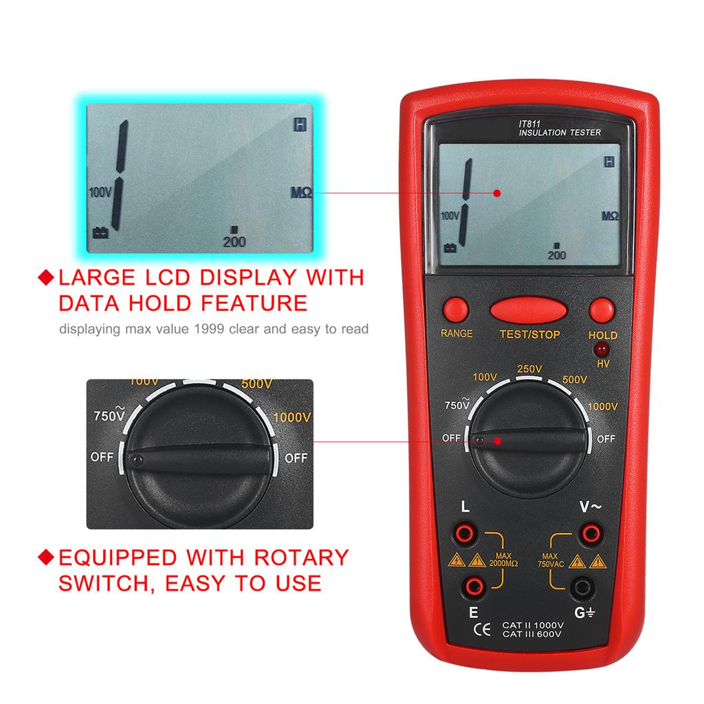 Insulation Resistance Meter Digital Ohmmeter Handheld Insulation Tester 0.1M Ohm  2000M Ohm  Auto Ranging High Accuracy