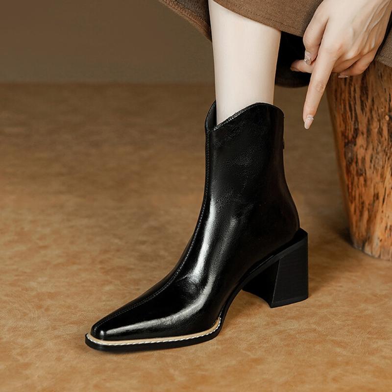 Fashion NEW Autumn Women Boots Split Leather Shoes for Women Square Toe Chunky Heel Shoes Zipper Short Modern Boots Concise Daily Shoes