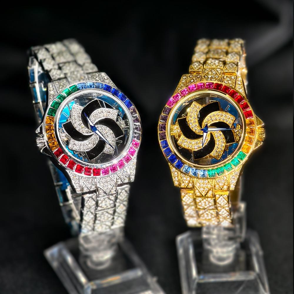 Orologio al Quarzo di Lusso con Quadrante Rotante Acciaio Inossidabile Cinturino Pavimentato con Cristalli Lucidi Elegante Orologio da Polso per Feste e Uso Quotidiano