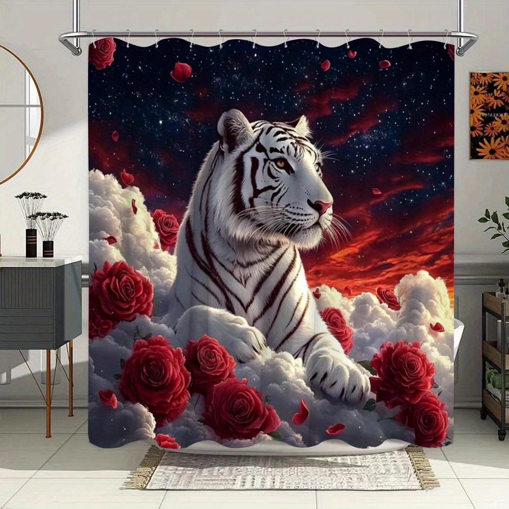 

Majestic White Tiger With Red Roses Waterproof Shower Curtain For Bathroom Decor, Modern Art Design, Vibrant Colors W60H190(CM)-1 Pcs