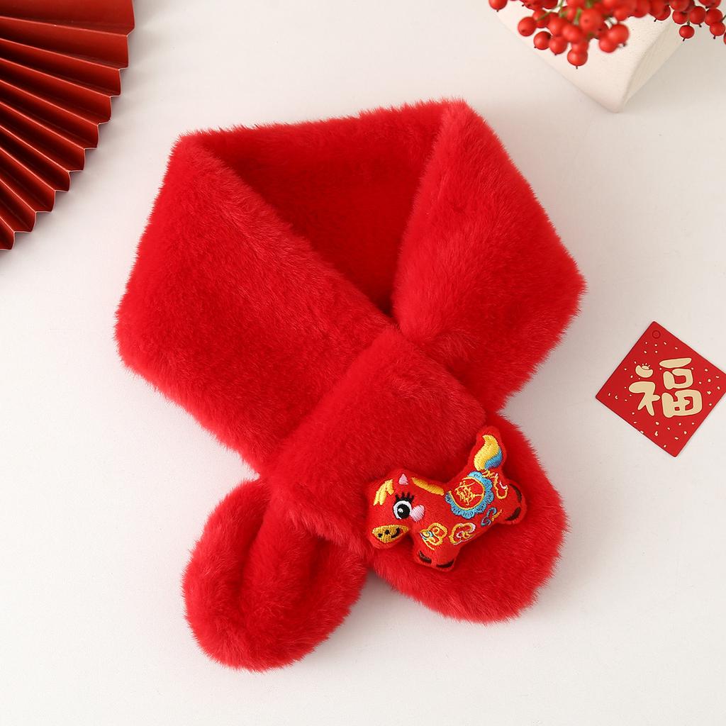 Autumn Winter Children's Scarf Chinese Style Zodiac Animals Red Scarf Cartoon Pony Plush Neck Warm Scarves New Year Gift