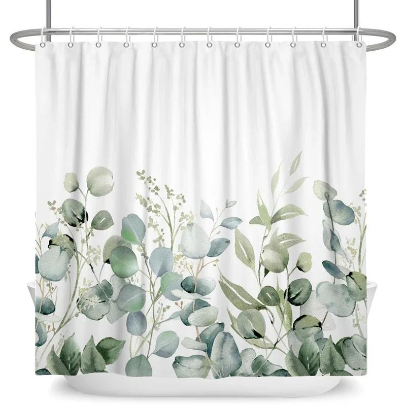 Green Eucalyptus Leaves Shower Curtains Watercolor Floral Waterproof Morden Bathroom Bathtub Curtain Room Decor With Hooks