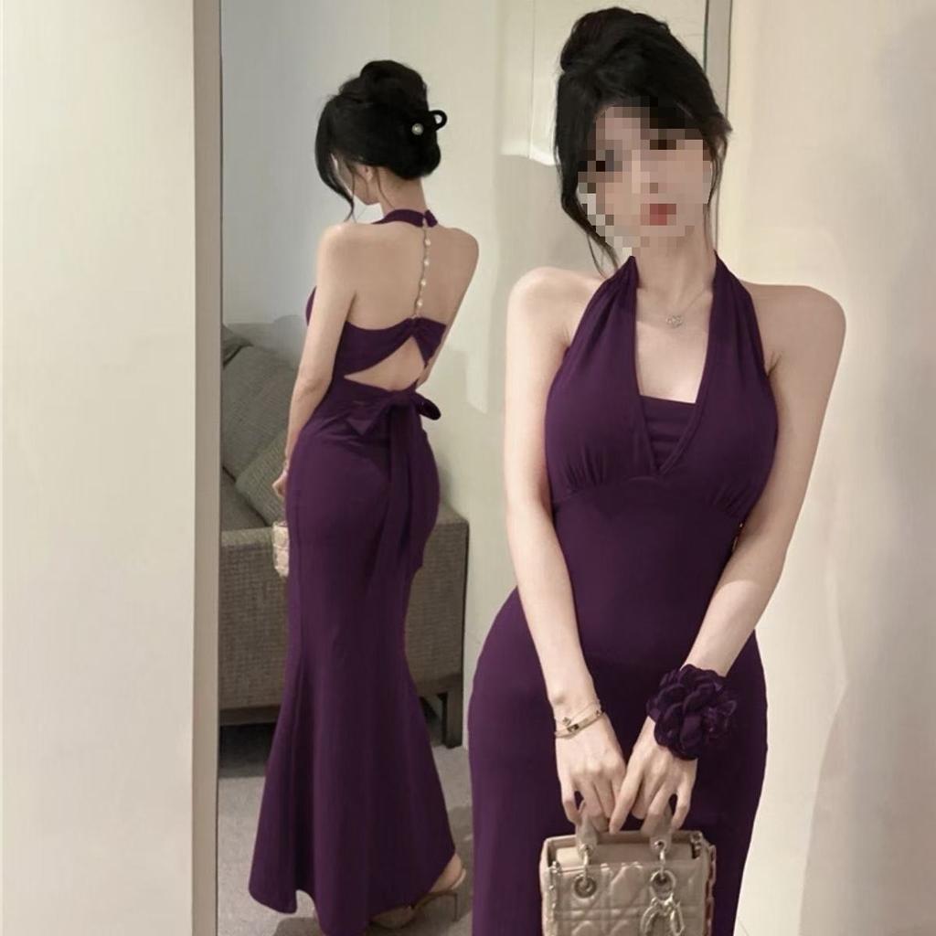 Pure desire sexy purple neck sling dress women's backless dress stepmother slim fit hip wrap dress dress burst