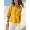 Solid-color Casual Loose V-neck Casual Button-down T-shirt for Women