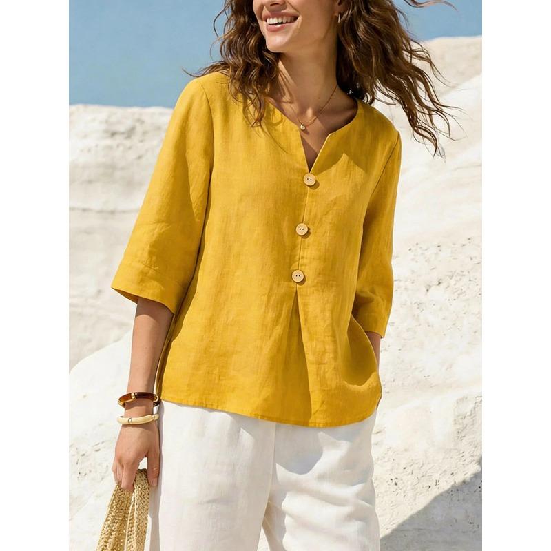 Solid-color Casual Loose V-neck Casual Button-down T-shirt for Women