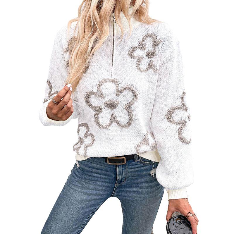 

2025 Winter New Warm Half Zipped Stand Collar Sweater Women Fashion Fashion Flower Embroider Pullover Tops Women White 2 Size XL Fit (75.00 kg-82.50 kg