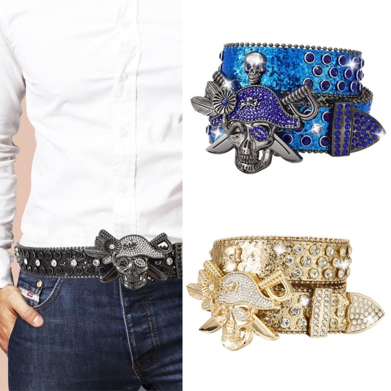 Rhinestones Skull Buckle Belt for Women Men Sequined Hiphop Belt for Pants Jeans Popular Rockers Belt Waist Accessories