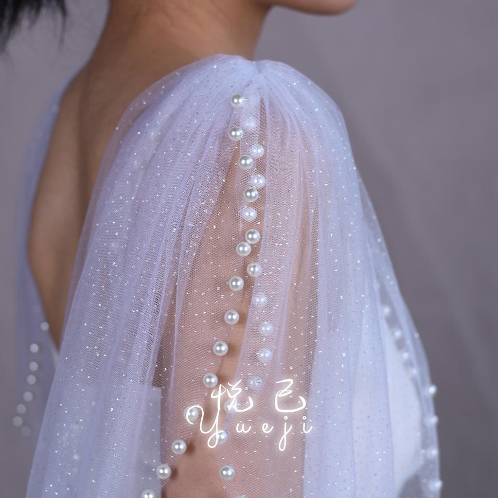 Detachable Glitter Tulle Puff Short Sleeve Cuffs, Mixed Size Pearl Beaded Sheer Arm Covers for Wedding Bridal Evening Dress