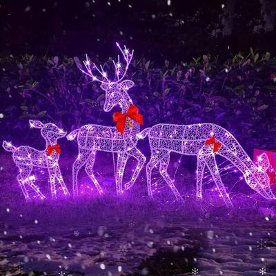 3 Piece Lighted Christmas Deer Family Set Outdoor Yard Decoration with LED Lights Red Bows Mother Child Reindeer Garden Decor