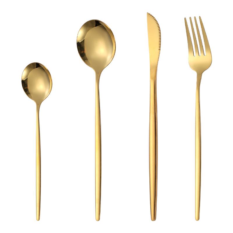 Gold Portuguese Stainless Steel Cutlery Set: Knife, Fork, and Spoon - 4-Piece Western Tableware.