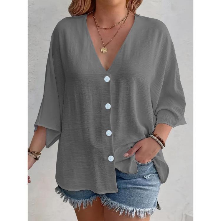 2025 New Women's Plus Size Casual V-Neck Long Sleeve T-Shirt Elegant Loose Blouse Solid Color Fashion Top for Spring Summer