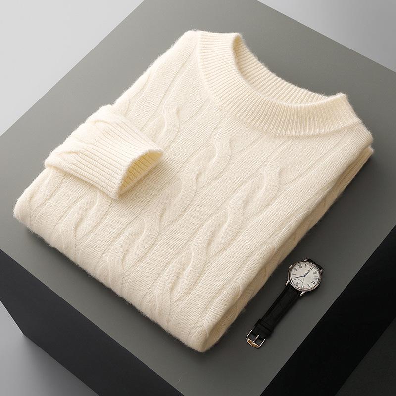 Herren Pullover aus 100% reiner Wolle, Zopfmuster, Rundhalsausschnitt, Kaschmir - High-End Business Casual Pullover