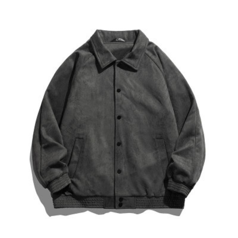 Men's Beige Button Front Jacket Loose Casual Polo Collar Ribbed Cuff Daily Outerwear