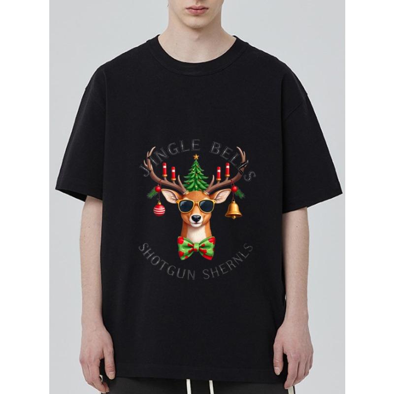 

Black T Shirt with Deer Christmas Tree and Sunglasses Print Jingle Bells Shotgun Shernls Text Holiday Party Wear XXXXL
