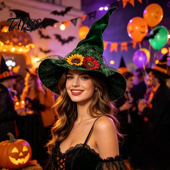Non-itchy Halloween Hat Women's Large Ruched Witch Hat, Felt Wizard with Photo Prop Ruffle/Flowers/Mesh, Adults Cosplay Costume for Party, Masquerade