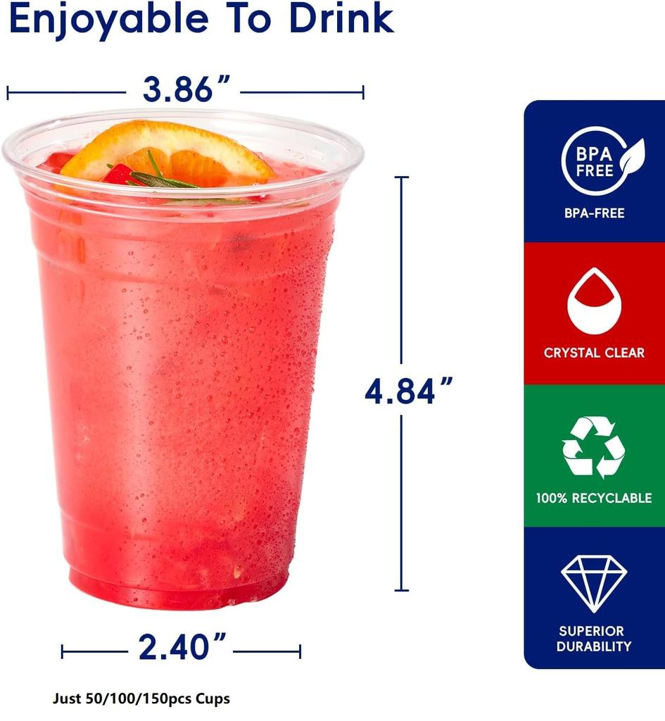 16 Oz Clear Plastic Cups Disposable Cold Drinking Water Cups for Beverages Party Events Picnic Bulk Pack 50/100/150