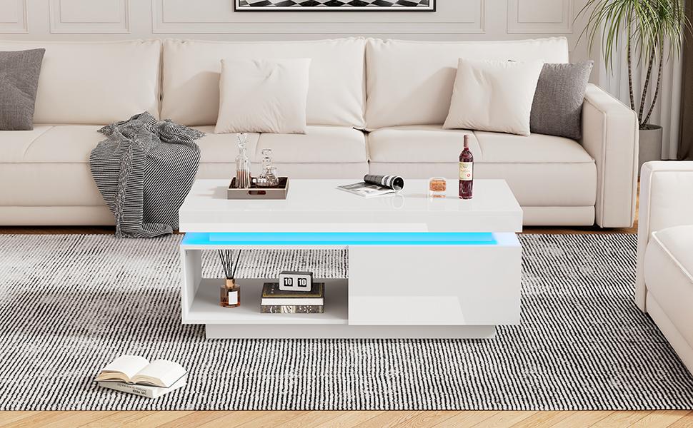Moderner Hochglanz-Couchtisch mit LED-Beleuchtung, 100x50x40,3 cm – Eleganter Tisch mit Schublade und 50 kg Tragfähigkeit