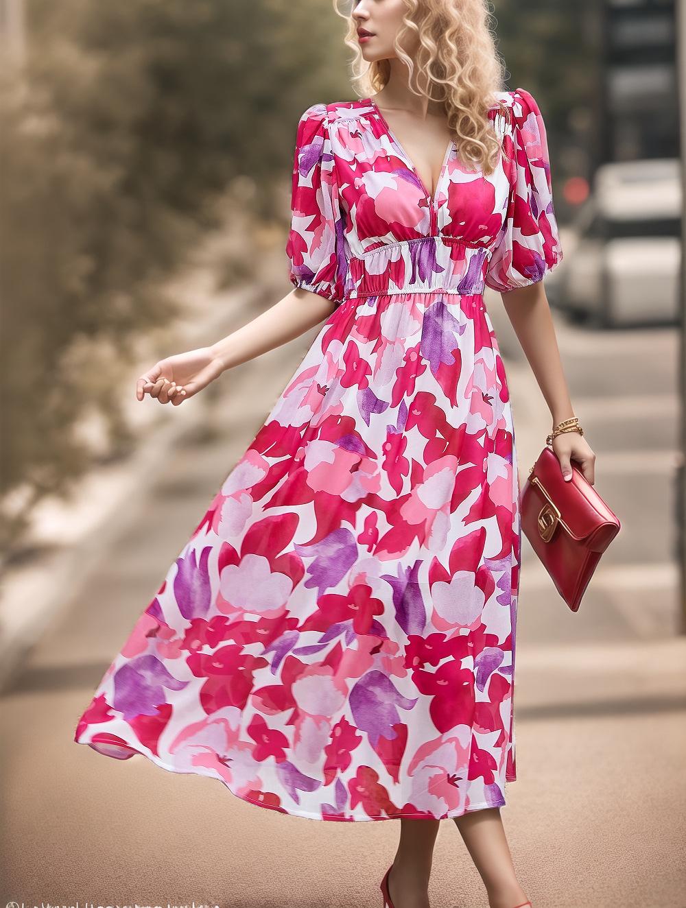 2024 Европейское и американское летнее платье с V-образным вырезом, подчеркивающее талию, с принтом M