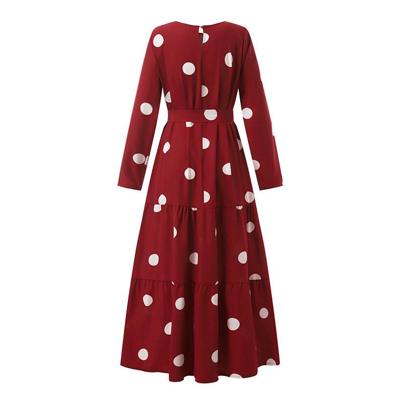 2023 Middle Eastern Muslim Polka Dot Print Maxi Dress with Belt